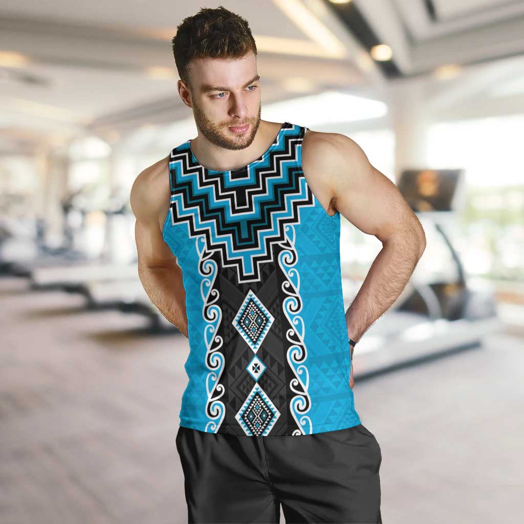 Sky Blue Niho Taniwha Mix Poutama Men Tank Top Unique Taniko Aotearoa LT01 Sky Blue - Polynesian Pride
