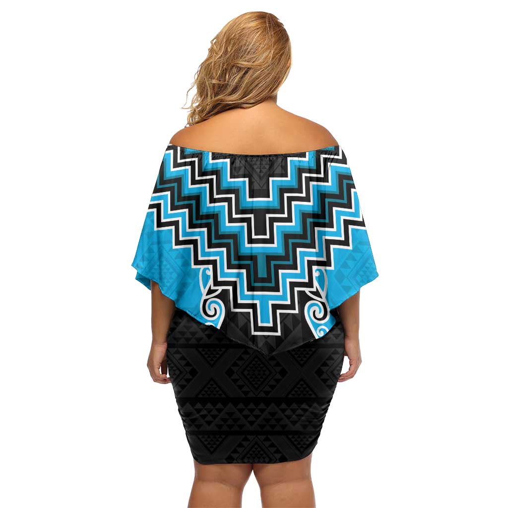 Sky Blue Niho Taniwha Mix Poutama Off Shoulder Short Dress Unique Taniko Aotearoa