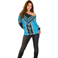 Sky Blue Niho Taniwha Mix Poutama Off Shoulder Sweater Unique Taniko Aotearoa