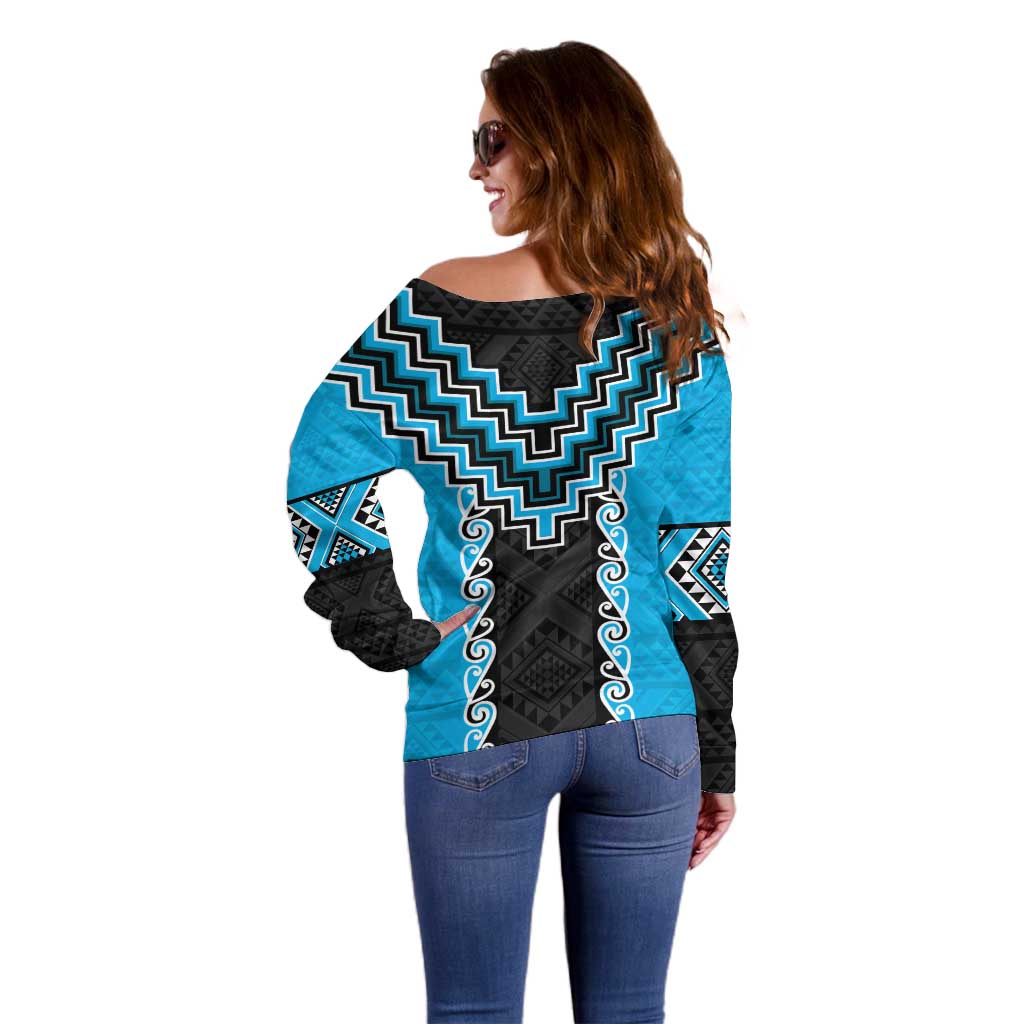 Sky Blue Niho Taniwha Mix Poutama Off Shoulder Sweater Unique Taniko Aotearoa