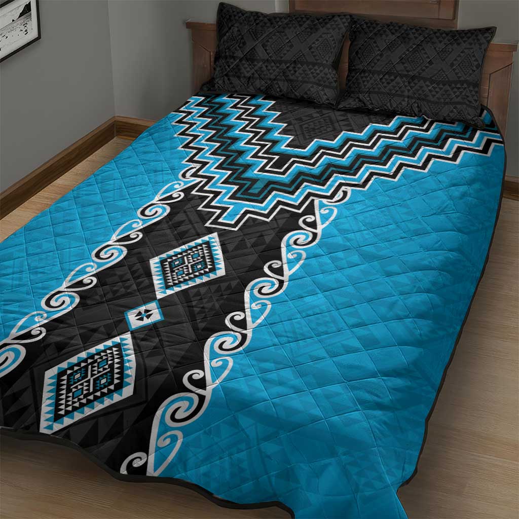 Sky Blue Niho Taniwha Mix Poutama Quilt Bed Set Unique Taniko Aotearoa