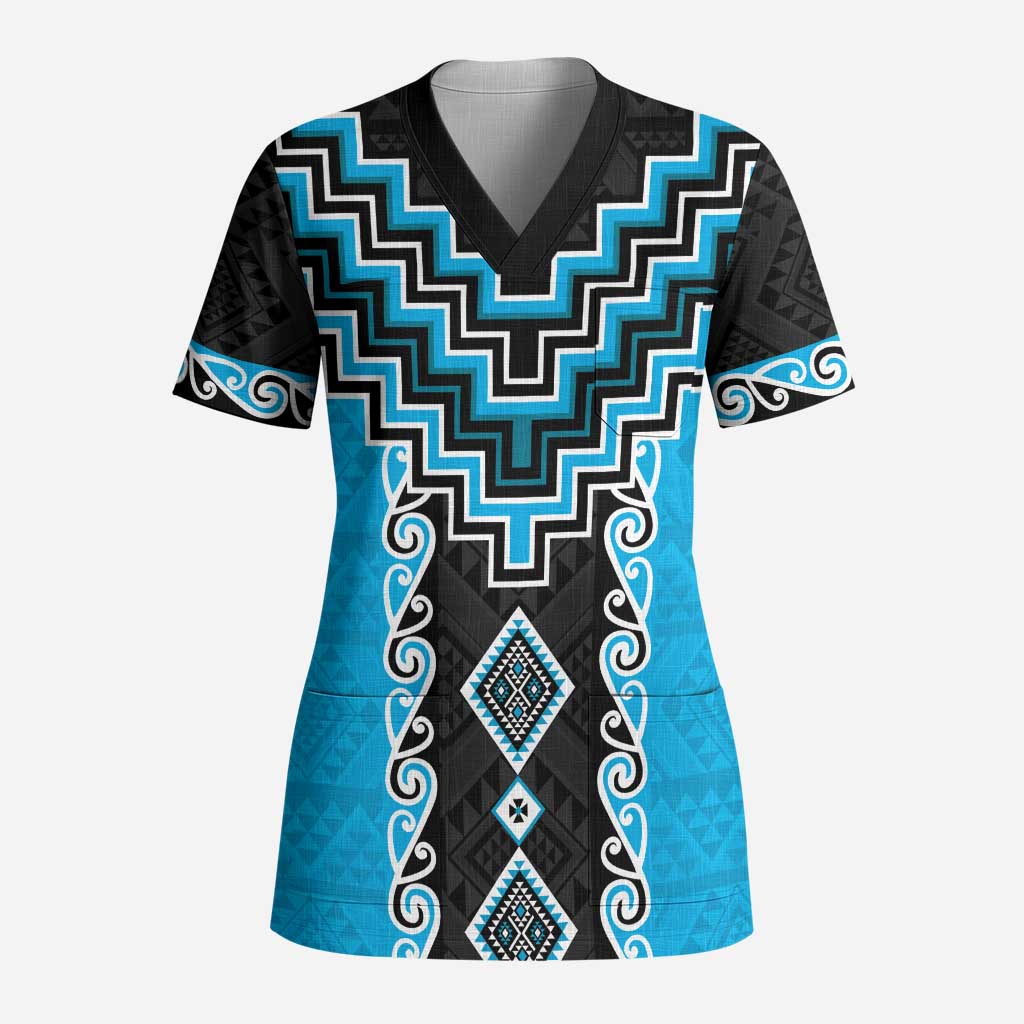 Sky Blue Niho Taniwha Mix Poutama Scrub Top Unique Taniko Aotearoa - Polynesian Pride