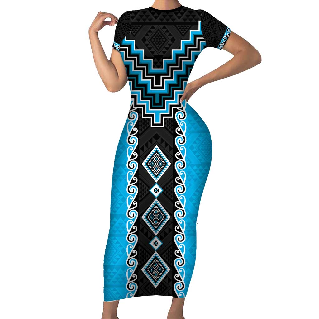 Sky Blue Niho Taniwha Mix Poutama Short Sleeve Bodycon Dress Unique Taniko Aotearoa LT01 Long Dress Sky Blue - Polynesian Pride