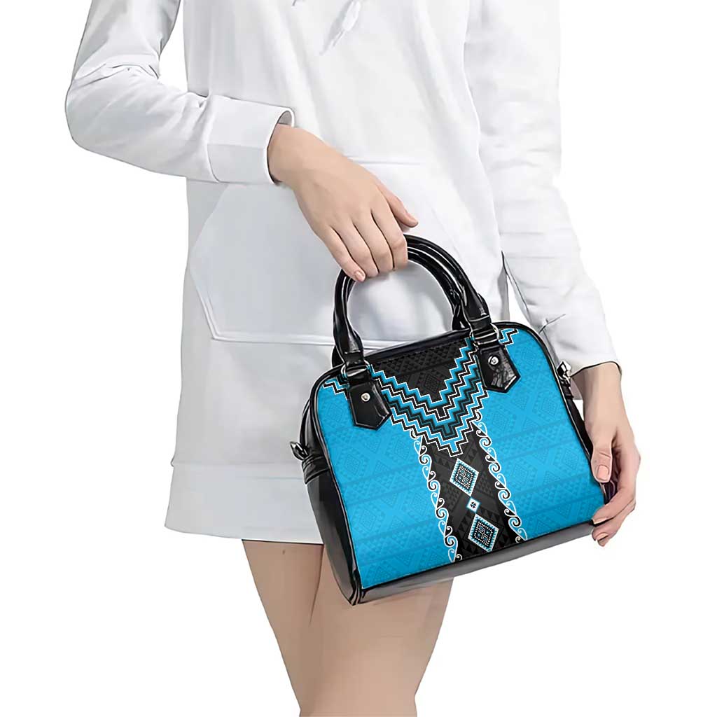 Sky Blue Niho Taniwha Mix Poutama Shoulder Handbag Unique Taniko Aotearoa