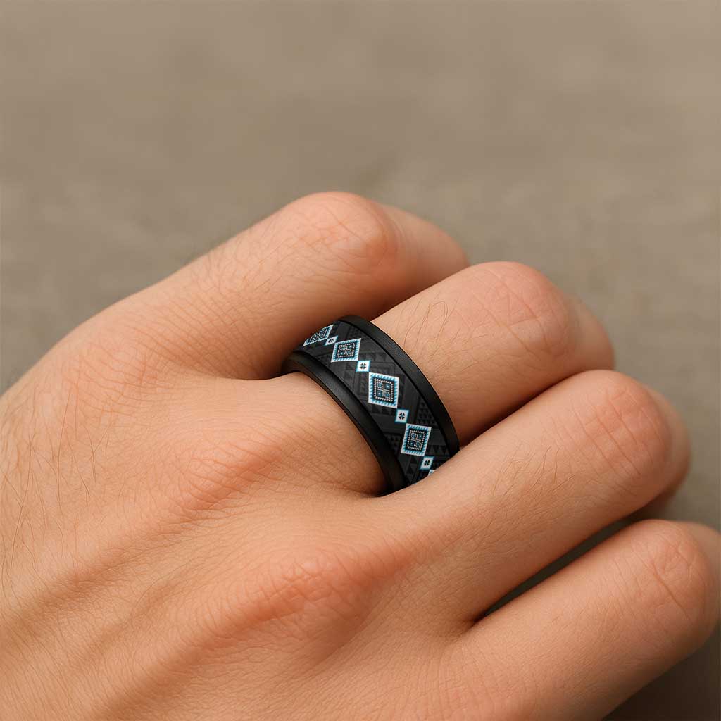 Sky Blue Niho Taniwha Mix Poutama Spinner Ring Unique Taniko Aotearoa - Polynesian Pride