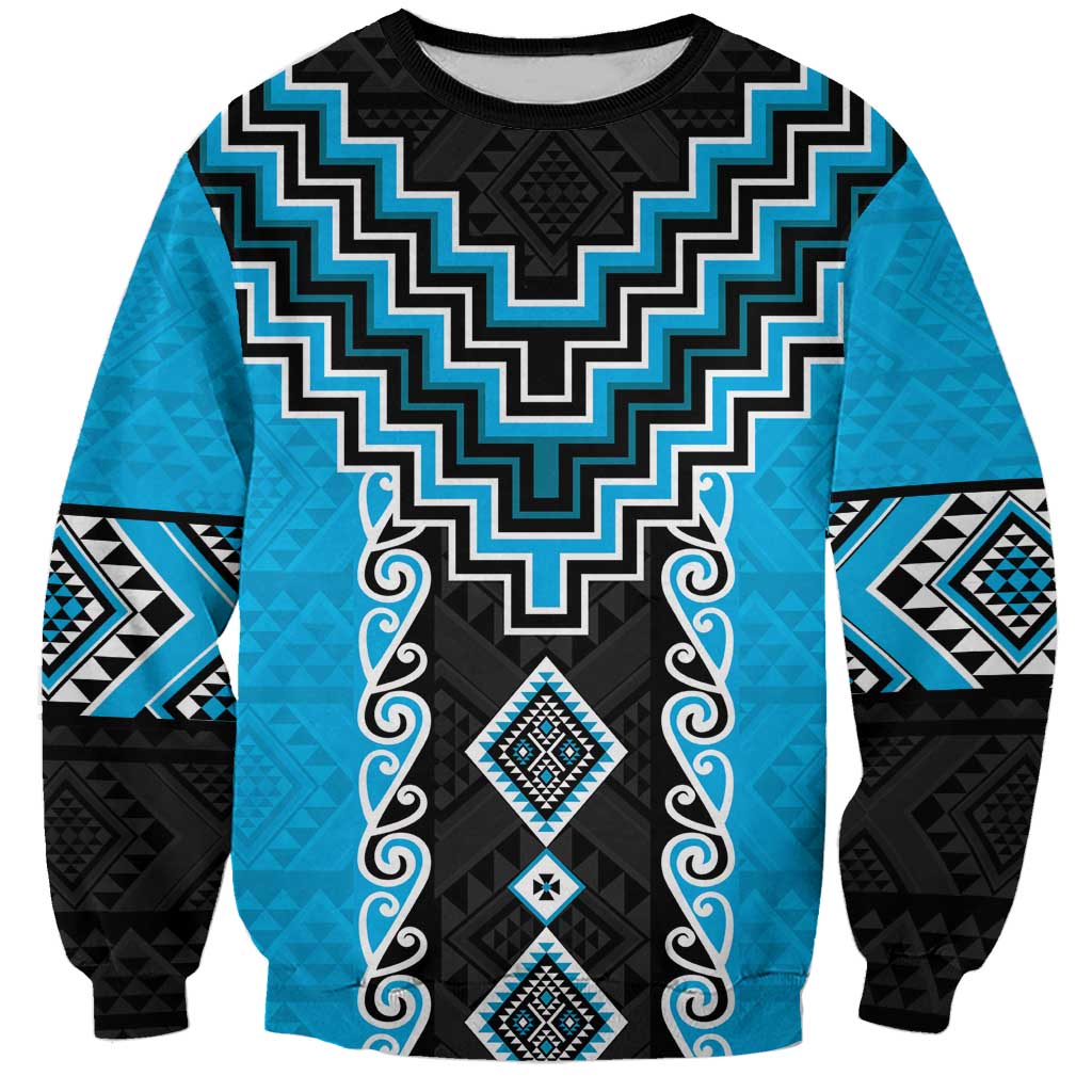 Sky Blue Niho Taniwha Mix Poutama Sweatshirt Unique Taniko Aotearoa