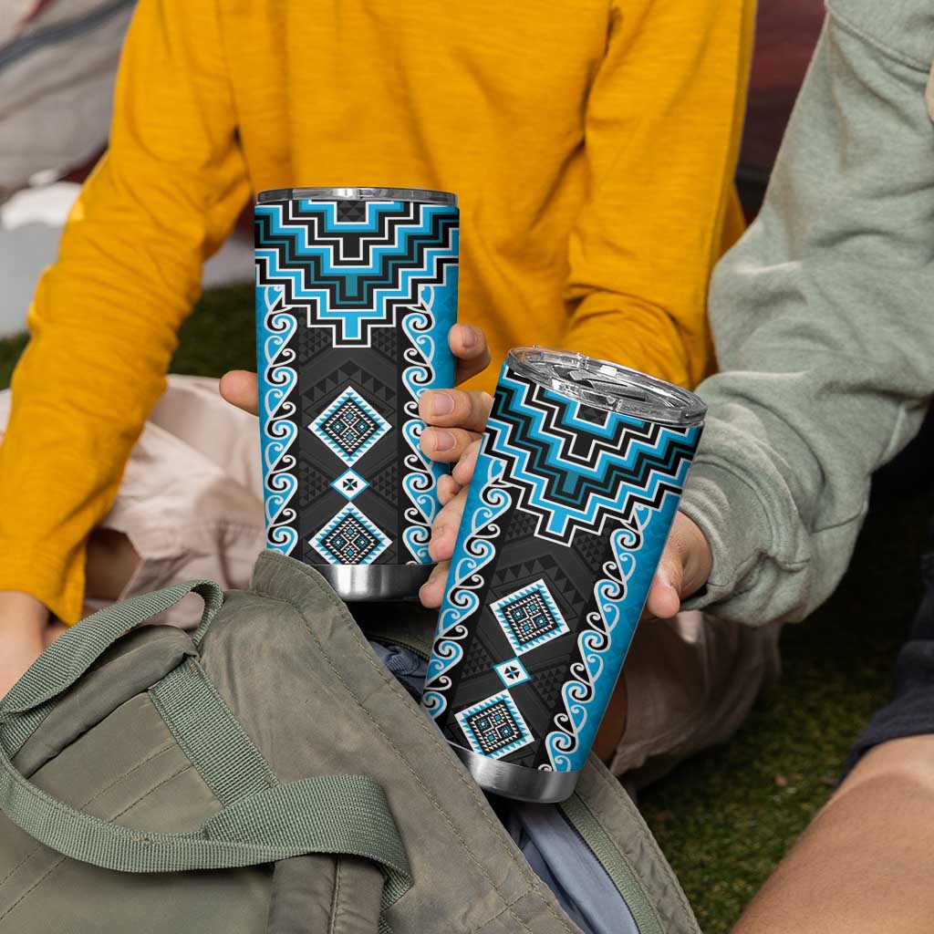 Sky Blue Niho Taniwha Mix Poutama Tumbler Cup Unique Taniko Aotearoa