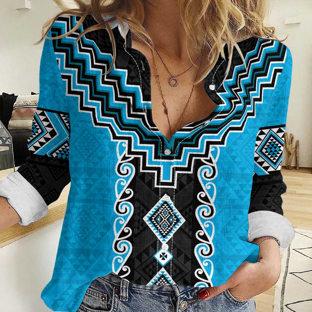 Sky Blue Niho Taniwha Mix Poutama Women Casual Shirt Unique Taniko Aotearoa LT01 Female Sky Blue - Polynesian Pride