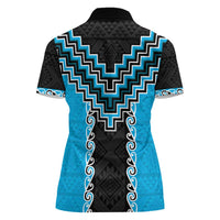 Sky Blue Niho Taniwha Mix Poutama Women Polo Shirt Unique Taniko Aotearoa