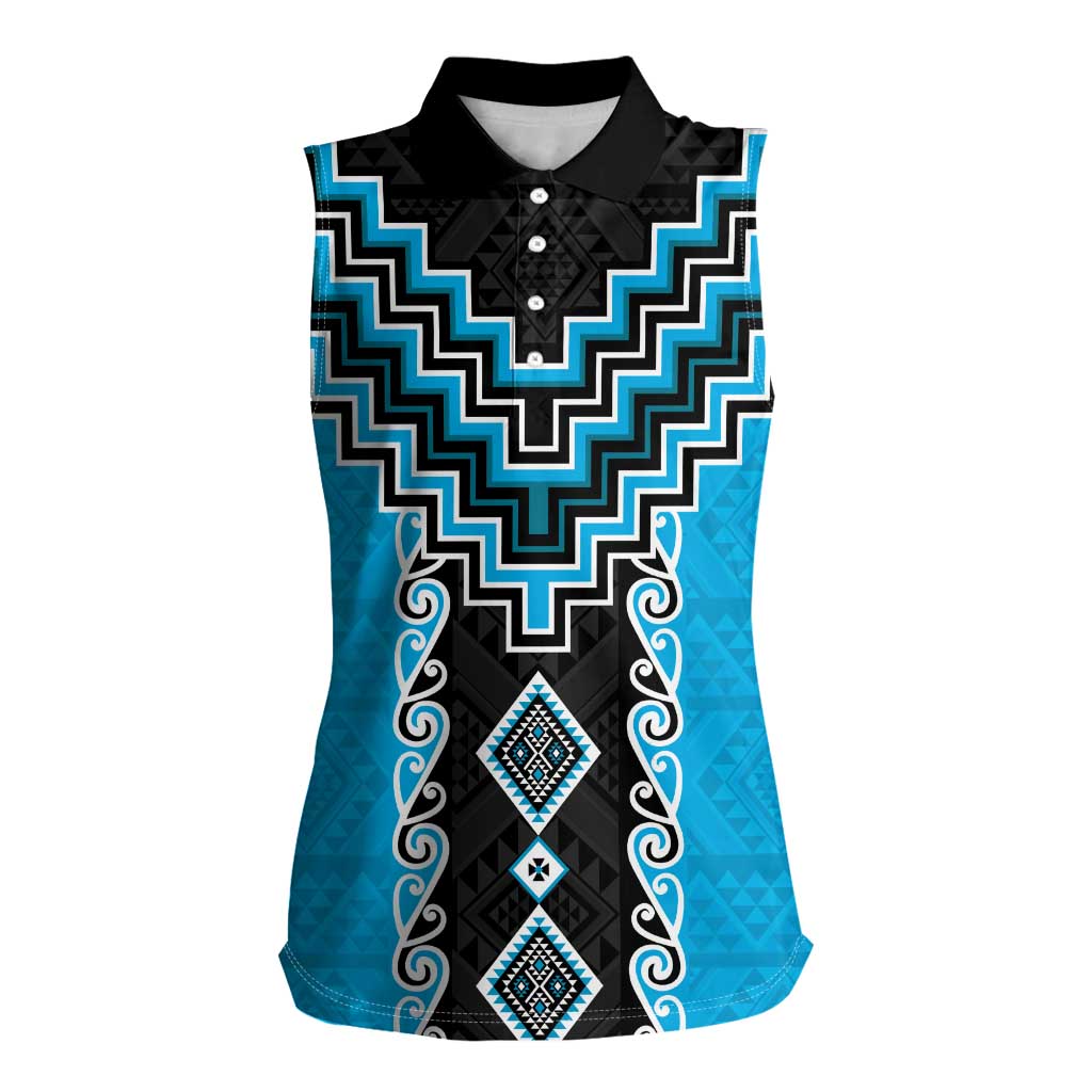 Sky Blue Niho Taniwha Mix Poutama Women Sleeveless Polo Shirt Unique Taniko Aotearoa LT01 Female Sky Blue - Polynesian Pride