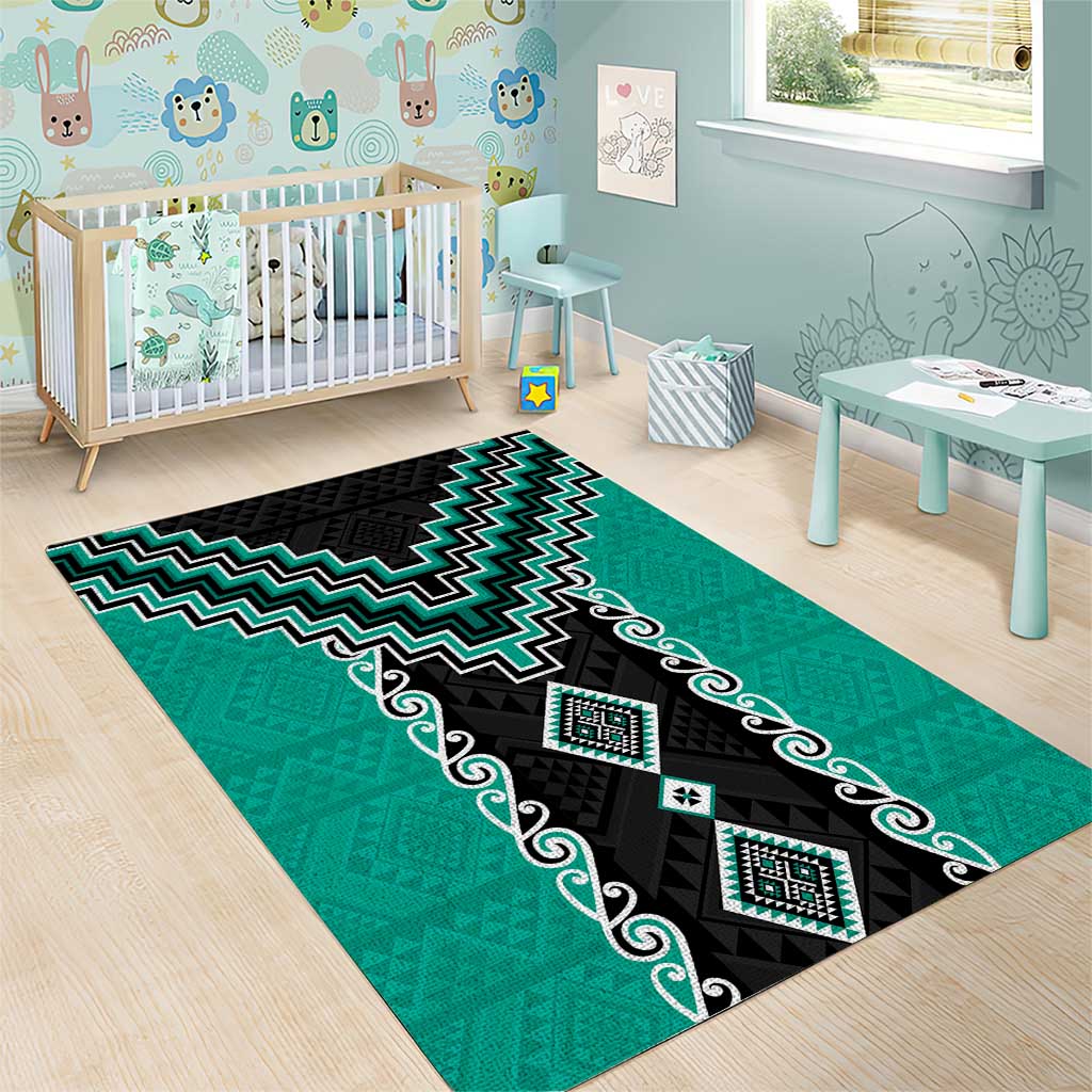 Teal Niho Taniwha Mix Poutama Area Rug Unique Taniko Aotearoa