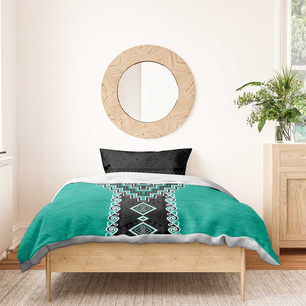 Teal Niho Taniwha Mix Poutama Bedding Set Unique Taniko Aotearoa