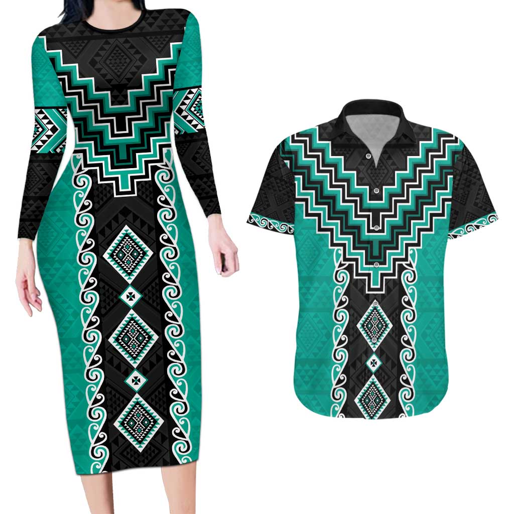 Teal Niho Taniwha Mix Poutama Couples Matching Long Sleeve Bodycon Dress and Hawaiian Shirt Unique Taniko Aotearoa LT01 Teal - Polynesian Pride