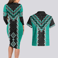 Teal Niho Taniwha Mix Poutama Couples Matching Long Sleeve Bodycon Dress and Hawaiian Shirt Unique Taniko Aotearoa LT01 - Polynesian Pride