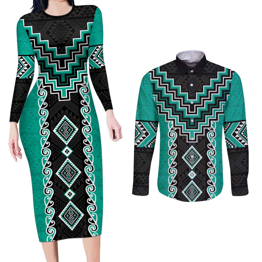 Teal Niho Taniwha Mix Poutama Couples Matching Long Sleeve Bodycon Dress and Long Sleeve Button Shirt Unique Taniko Aotearoa LT01 Teal - Polynesian Pride