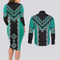 Teal Niho Taniwha Mix Poutama Couples Matching Long Sleeve Bodycon Dress and Long Sleeve Button Shirt Unique Taniko Aotearoa LT01 - Polynesian Pride