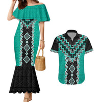 Teal Niho Taniwha Mix Poutama Couples Matching Mermaid Dress and Hawaiian Shirt Unique Taniko Aotearoa LT01 Teal - Polynesian Pride