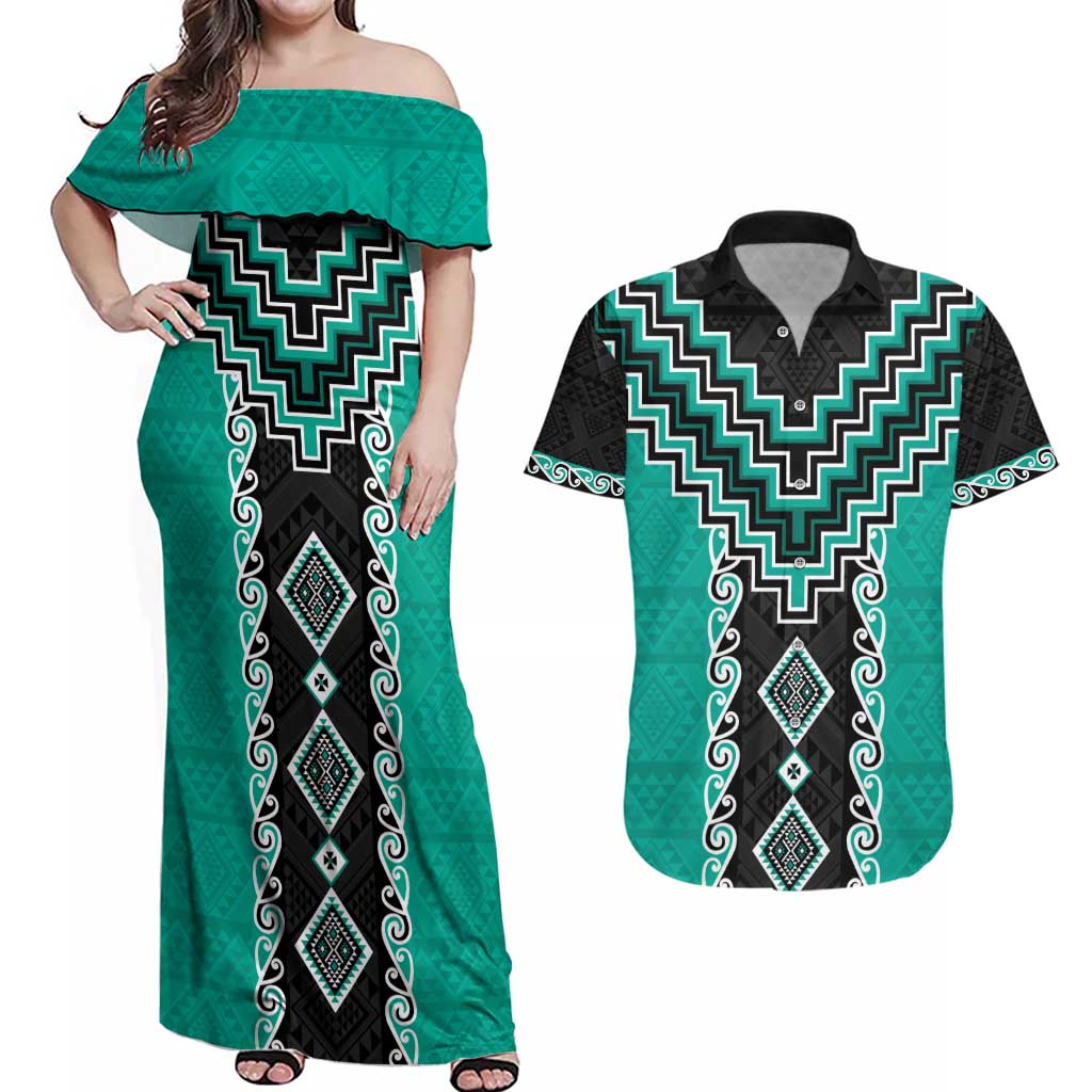 Teal Niho Taniwha Mix Poutama Couples Matching Off Shoulder Maxi Dress and Hawaiian Shirt Unique Taniko Aotearoa LT01 Teal - Polynesian Pride