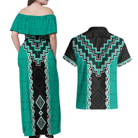 Teal Niho Taniwha Mix Poutama Couples Matching Off Shoulder Maxi Dress and Hawaiian Shirt Unique Taniko Aotearoa LT01 - Polynesian Pride