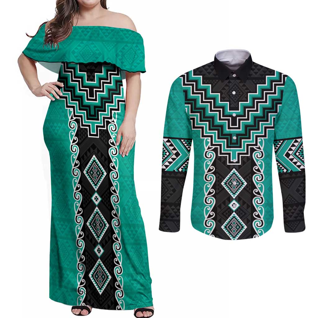 Teal Niho Taniwha Mix Poutama Couples Matching Off Shoulder Maxi Dress and Long Sleeve Button Shirt Unique Taniko Aotearoa LT01 Teal - Polynesian Pride