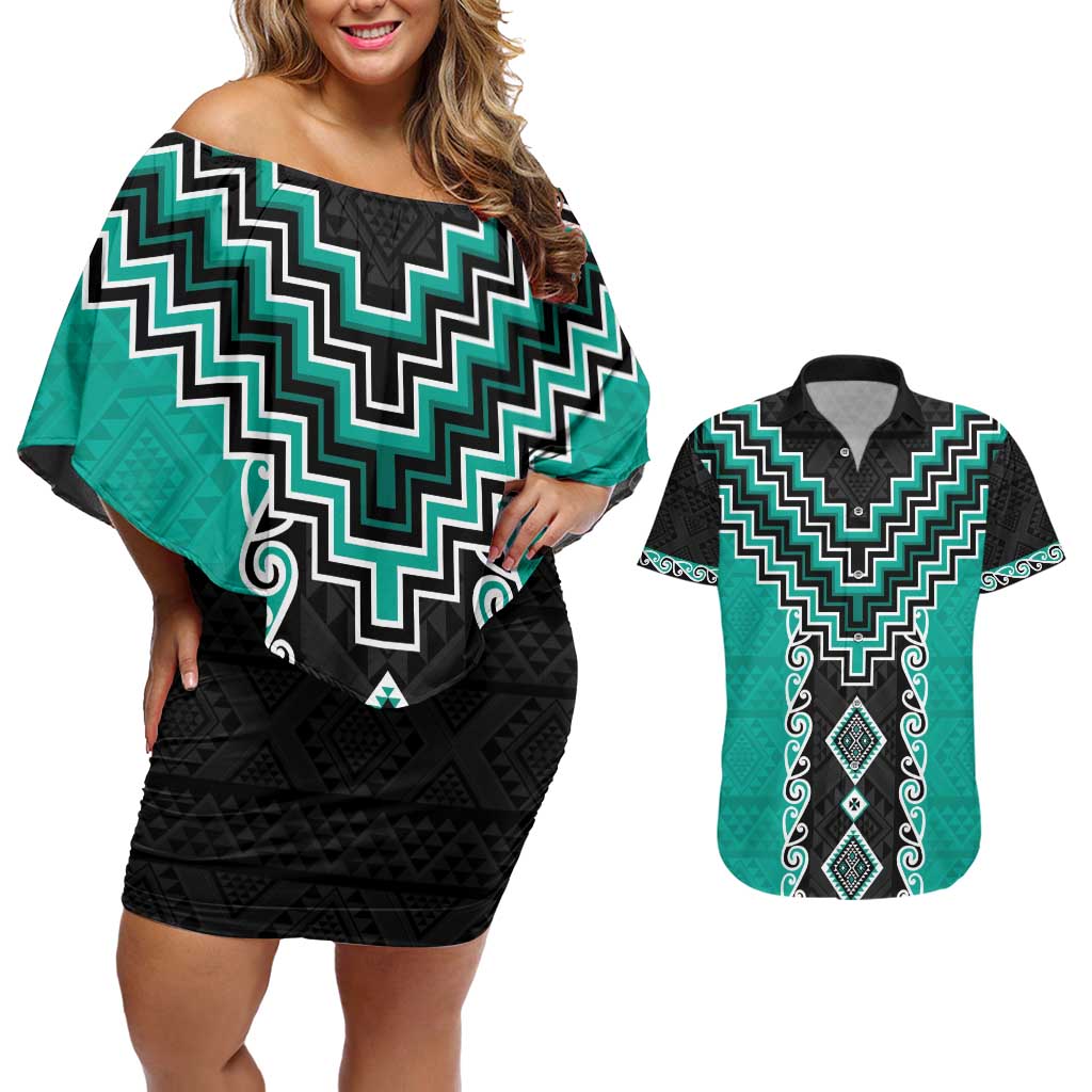 Teal Niho Taniwha Mix Poutama Couples Matching Off Shoulder Short Dress and Hawaiian Shirt Unique Taniko Aotearoa LT01 Teal - Polynesian Pride