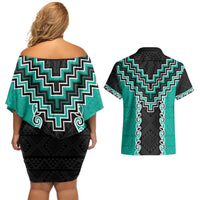 Teal Niho Taniwha Mix Poutama Couples Matching Off Shoulder Short Dress and Hawaiian Shirt Unique Taniko Aotearoa LT01 - Polynesian Pride