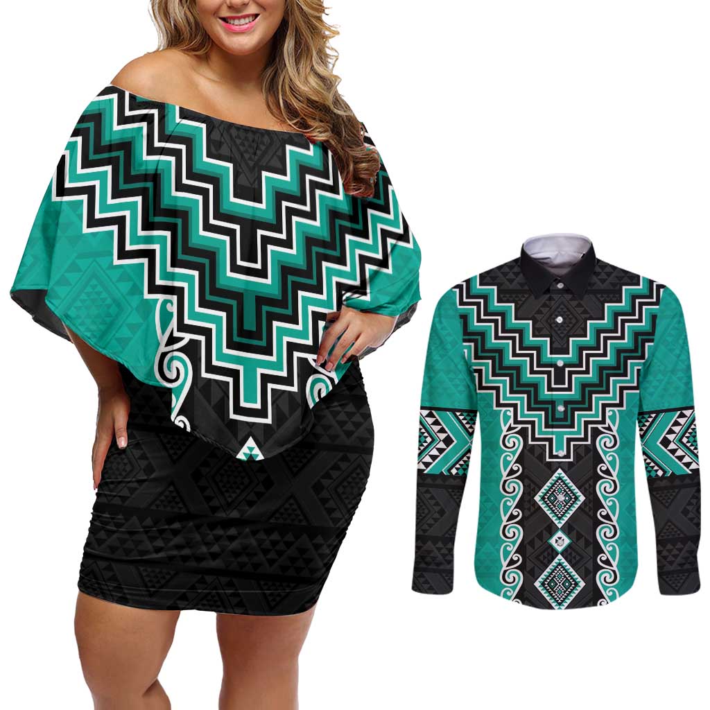 Teal Niho Taniwha Mix Poutama Couples Matching Off Shoulder Short Dress and Long Sleeve Button Shirt Unique Taniko Aotearoa LT01 Teal - Polynesian Pride