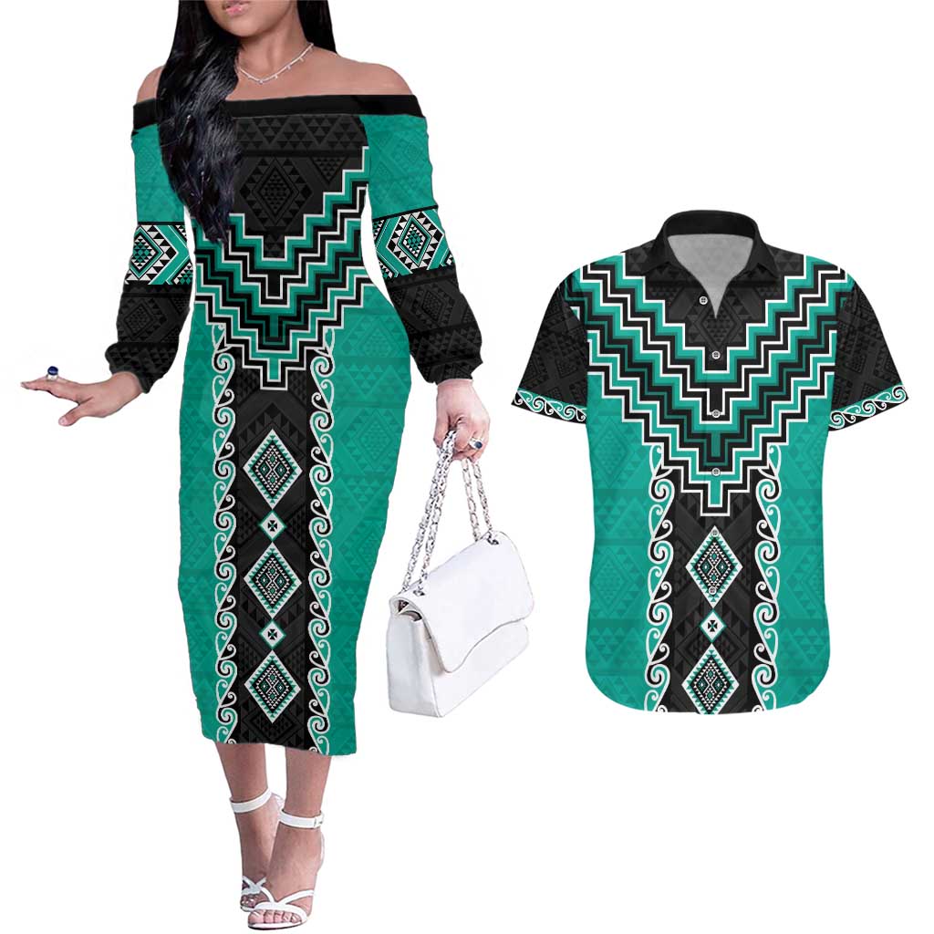 Teal Niho Taniwha Mix Poutama Couples Matching Off The Shoulder Long Sleeve Dress and Hawaiian Shirt Unique Taniko Aotearoa LT01 Teal - Polynesian Pride