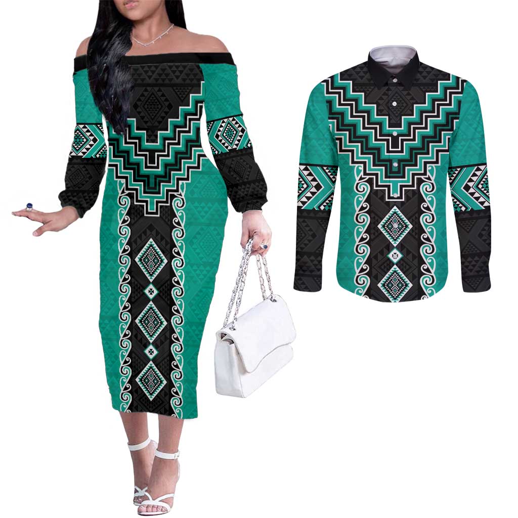 Teal Niho Taniwha Mix Poutama Couples Matching Off The Shoulder Long Sleeve Dress and Long Sleeve Button Shirt Unique Taniko Aotearoa LT01 Teal - Polynesian Pride