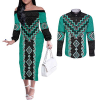 Teal Niho Taniwha Mix Poutama Couples Matching Off The Shoulder Long Sleeve Dress and Long Sleeve Button Shirt Unique Taniko Aotearoa LT01 Teal - Polynesian Pride