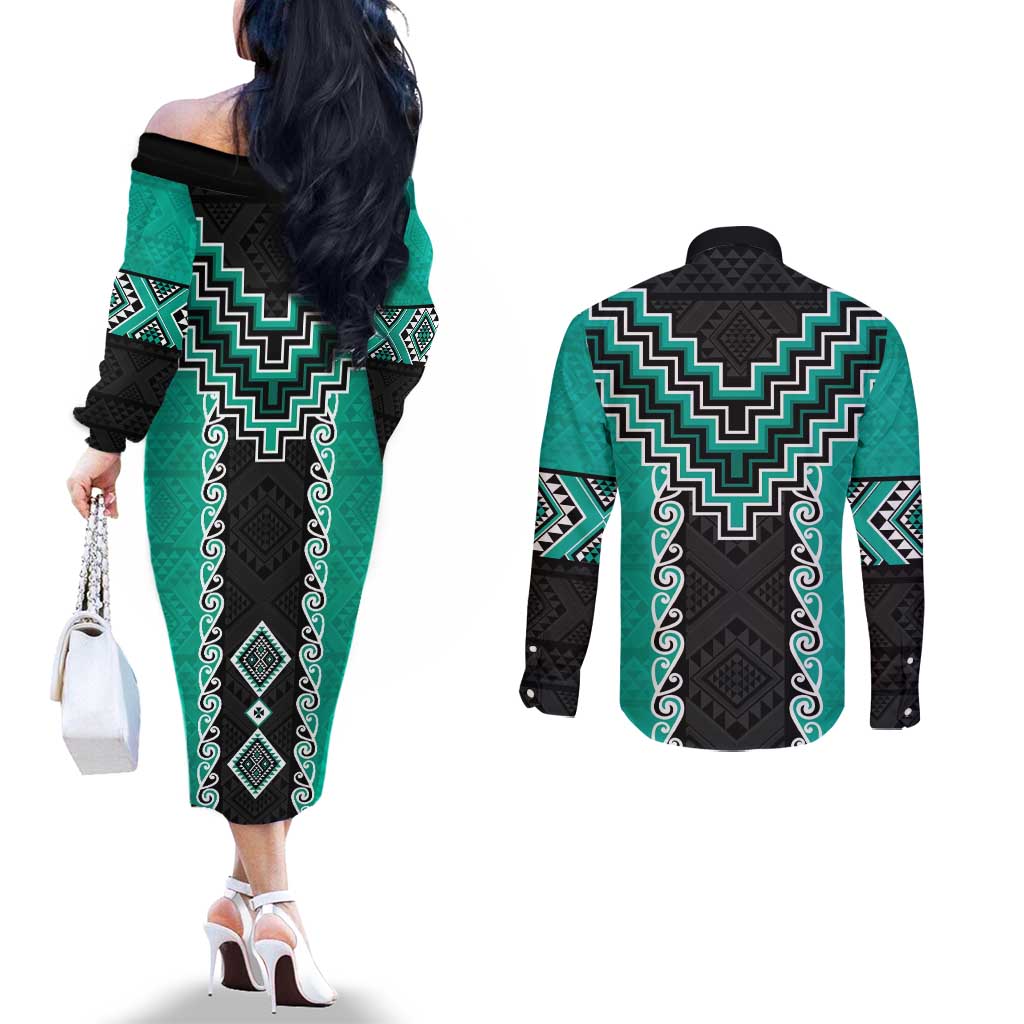 Teal Niho Taniwha Mix Poutama Couples Matching Off The Shoulder Long Sleeve Dress and Long Sleeve Button Shirt Unique Taniko Aotearoa LT01 - Polynesian Pride