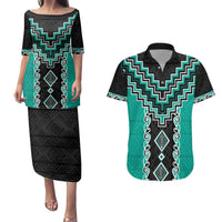 Teal Niho Taniwha Mix Poutama Couples Matching Puletasi and Hawaiian Shirt Unique Taniko Aotearoa