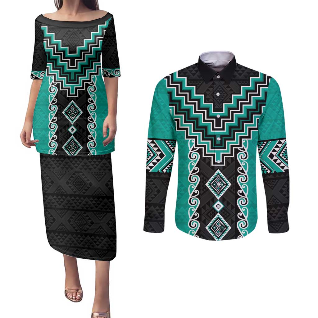 Teal Niho Taniwha Mix Poutama Couples Matching Puletasi and Long Sleeve Button Shirt Unique Taniko Aotearoa LT01 Teal - Polynesian Pride