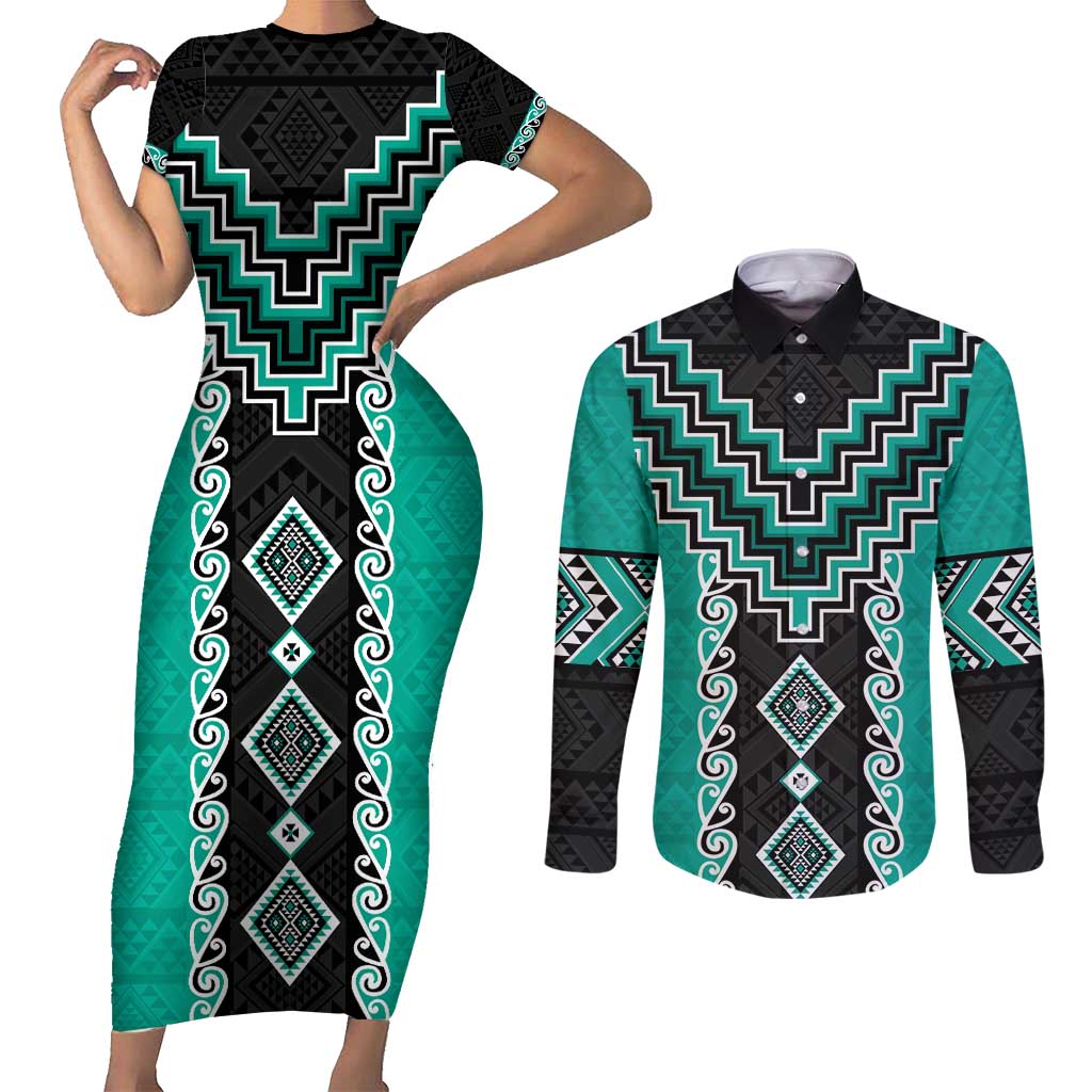 Teal Niho Taniwha Mix Poutama Couples Matching Short Sleeve Bodycon Dress and Long Sleeve Button Shirt Unique Taniko Aotearoa LT01 Teal - Polynesian Pride