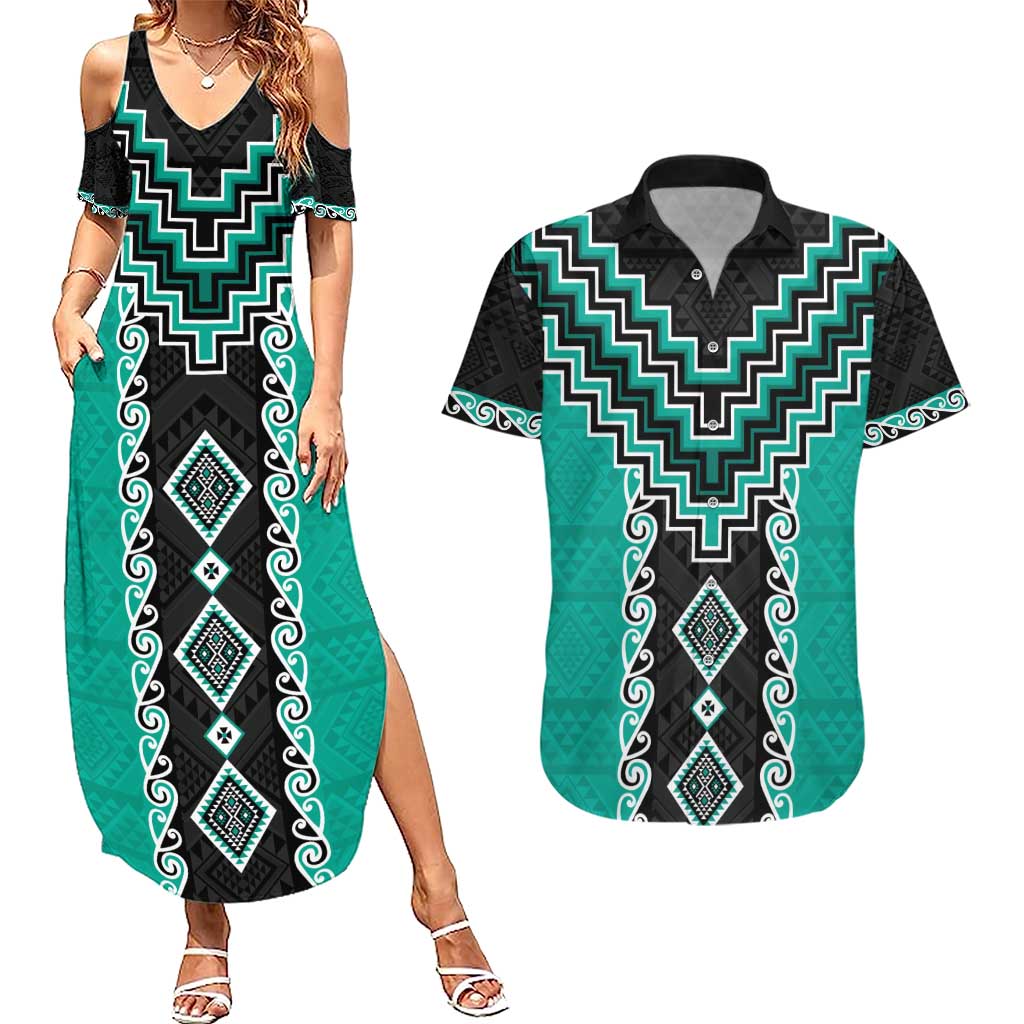 Teal Niho Taniwha Mix Poutama Couples Matching Summer Maxi Dress and Hawaiian Shirt Unique Taniko Aotearoa LT01 Teal - Polynesian Pride