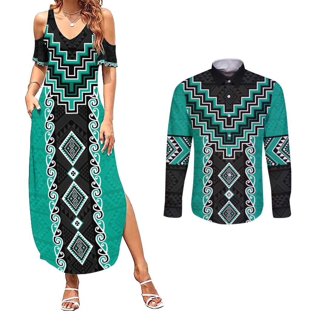 Teal Niho Taniwha Mix Poutama Couples Matching Summer Maxi Dress and Long Sleeve Button Shirt Unique Taniko Aotearoa LT01 Teal - Polynesian Pride