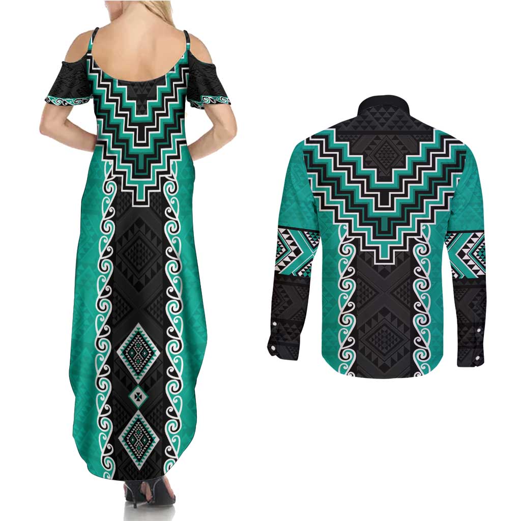 Teal Niho Taniwha Mix Poutama Couples Matching Summer Maxi Dress and Long Sleeve Button Shirt Unique Taniko Aotearoa