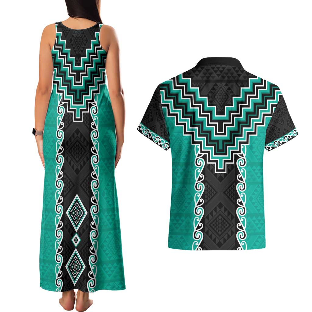 Teal Niho Taniwha Mix Poutama Couples Matching Tank Maxi Dress and Hawaiian Shirt Unique Taniko Aotearoa LT01 - Polynesian Pride