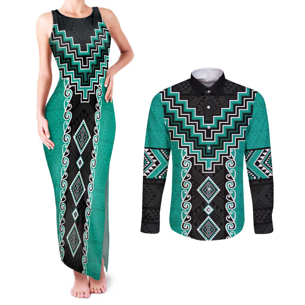 Teal Niho Taniwha Mix Poutama Couples Matching Tank Maxi Dress and Long Sleeve Button Shirt Unique Taniko Aotearoa LT01 Teal - Polynesian Pride