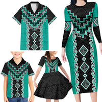 Teal Niho Taniwha Mix Poutama Family Matching Long Sleeve Bodycon Dress and Hawaiian Shirt Unique Taniko Aotearoa LT01 - Polynesian Pride