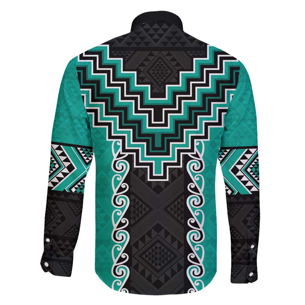 Teal Niho Taniwha Mix Poutama Family Matching Long Sleeve Bodycon Dress and Hawaiian Shirt Unique Taniko Aotearoa LT01 - Polynesian Pride