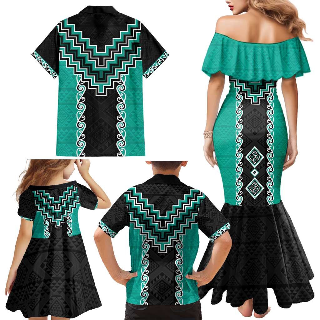 Teal Niho Taniwha Mix Poutama Family Matching Mermaid Dress and Hawaiian Shirt Unique Taniko Aotearoa LT01 - Polynesian Pride