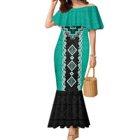 Teal Niho Taniwha Mix Poutama Family Matching Mermaid Dress and Hawaiian Shirt Unique Taniko Aotearoa LT01 Mom's Dress Teal - Polynesian Pride