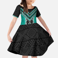 Teal Niho Taniwha Mix Poutama Family Matching Off The Shoulder Long Sleeve Dress and Hawaiian Shirt Unique Taniko Aotearoa LT01 Daughter's Dress Teal - Polynesian Pride
