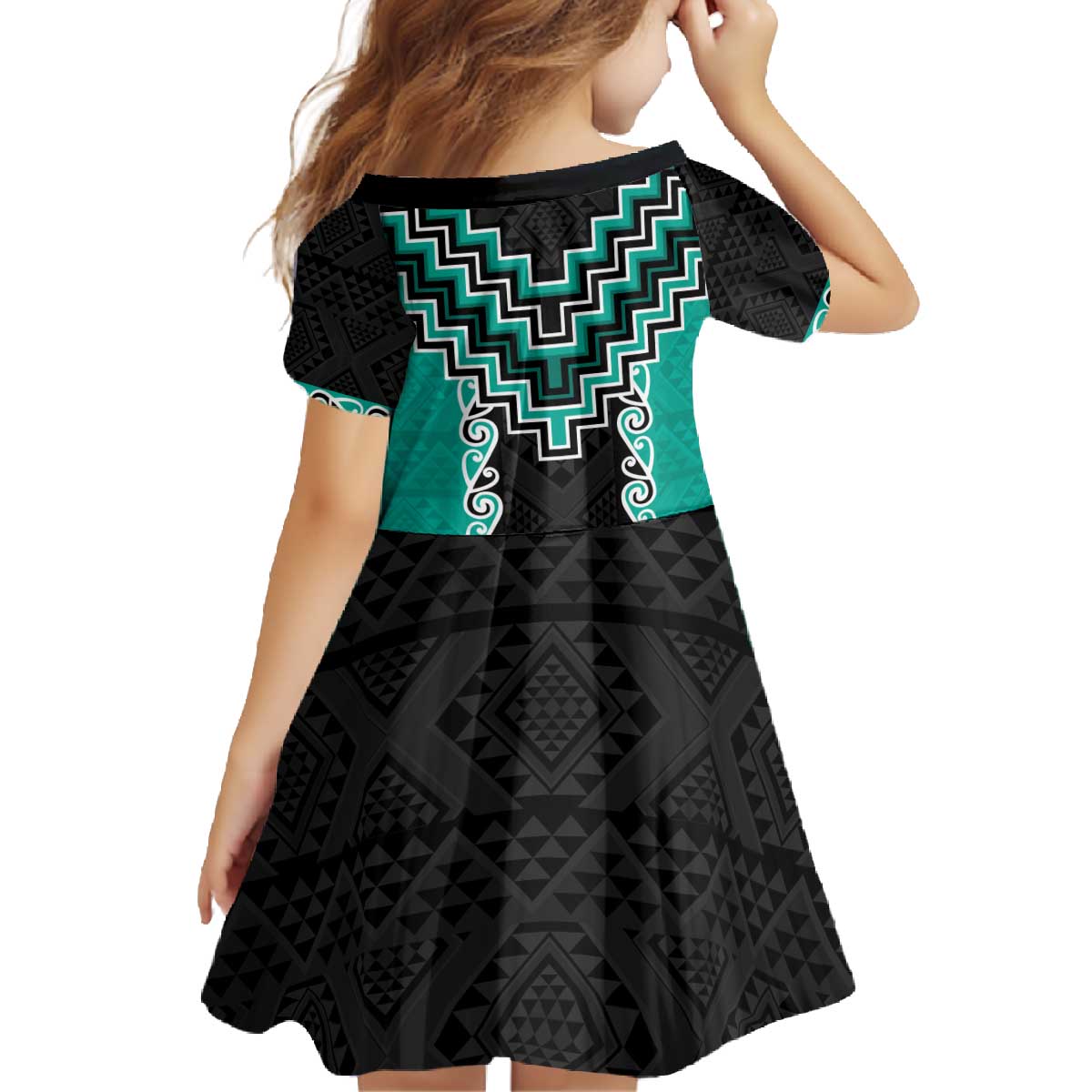 Teal Niho Taniwha Mix Poutama Family Matching Off The Shoulder Long Sleeve Dress and Hawaiian Shirt Unique Taniko Aotearoa LT01 - Polynesian Pride