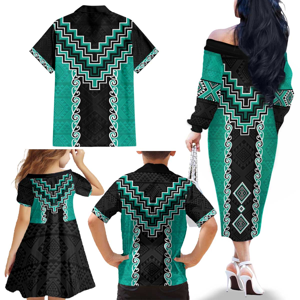 Teal Niho Taniwha Mix Poutama Family Matching Off The Shoulder Long Sleeve Dress and Hawaiian Shirt Unique Taniko Aotearoa LT01 - Polynesian Pride