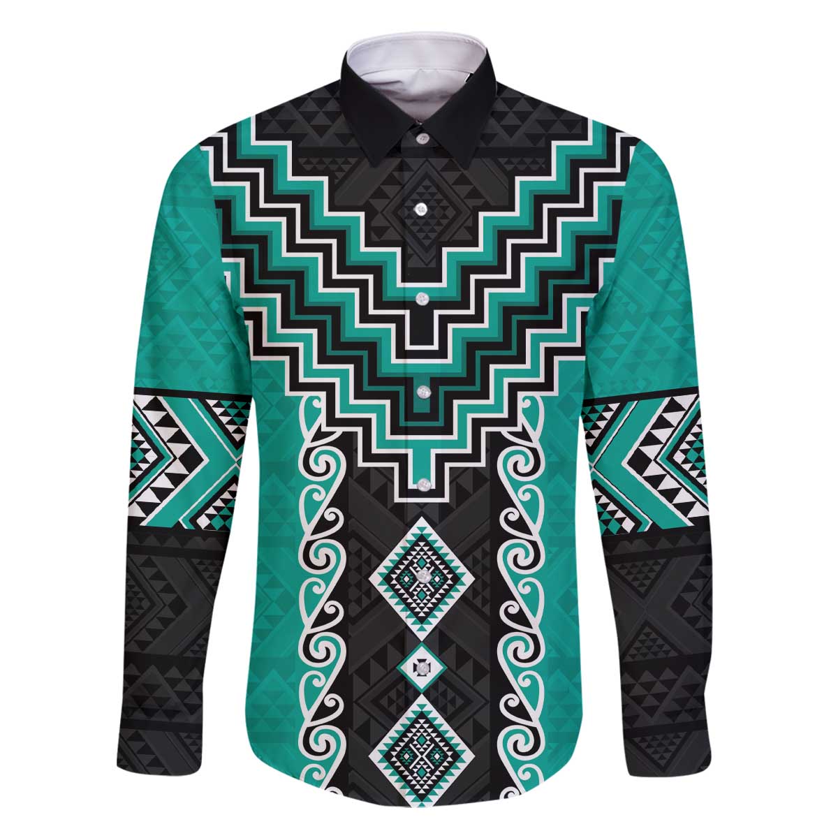 Teal Niho Taniwha Mix Poutama Family Matching Off The Shoulder Long Sleeve Dress and Hawaiian Shirt Unique Taniko Aotearoa LT01 Dad's Shirt - Long Sleeve Teal - Polynesian Pride