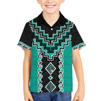Teal Niho Taniwha Mix Poutama Family Matching Off The Shoulder Long Sleeve Dress and Hawaiian Shirt Unique Taniko Aotearoa LT01 Son's Shirt Teal - Polynesian Pride