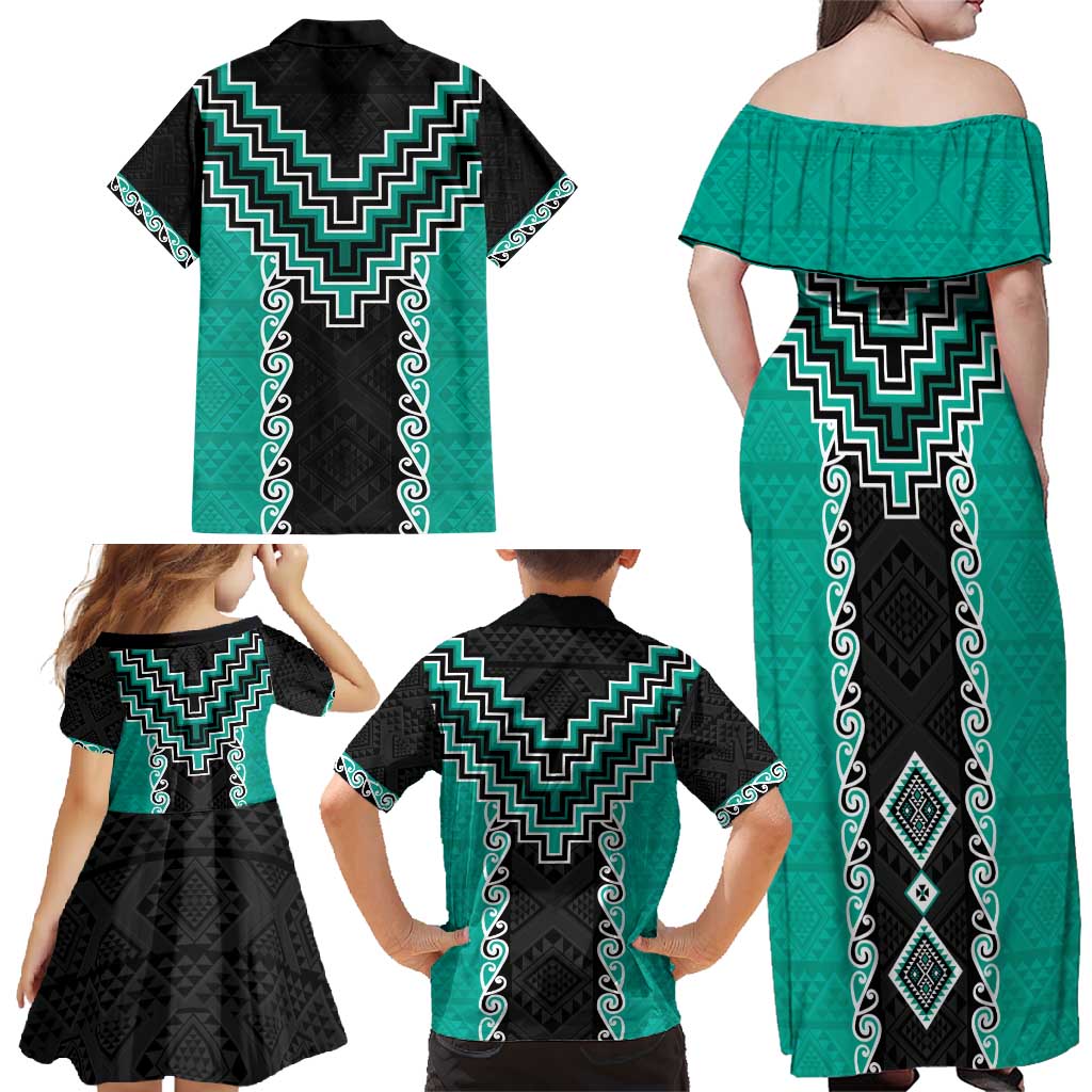 Teal Niho Taniwha Mix Poutama Family Matching Off Shoulder Maxi Dress and Hawaiian Shirt Unique Taniko Aotearoa LT01 - Polynesian Pride