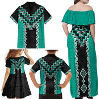 Teal Niho Taniwha Mix Poutama Family Matching Off Shoulder Maxi Dress and Hawaiian Shirt Unique Taniko Aotearoa LT01 - Polynesian Pride
